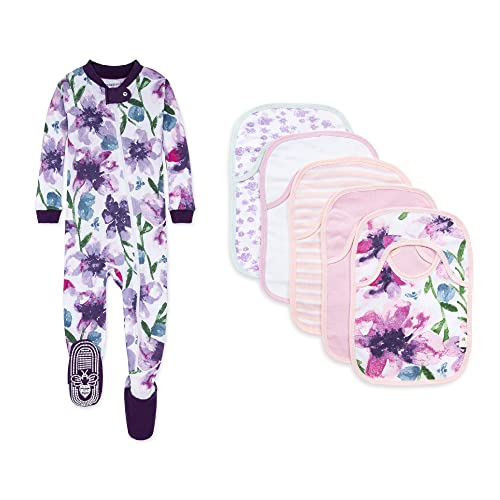 Image of Burt's Bees Baby baby-girls Zip-up Footed Sleeper Pj & Set of Bibs Gift Bundle, 100% Organic Cotton