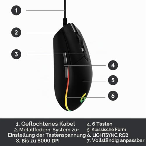 Logitech Gaming Mouse G102 LIGHTSYNC Maus für Rechtshänder, Optisch, 6 Tasten, kabelgebunden, USB, schwarz – Ansicht 5