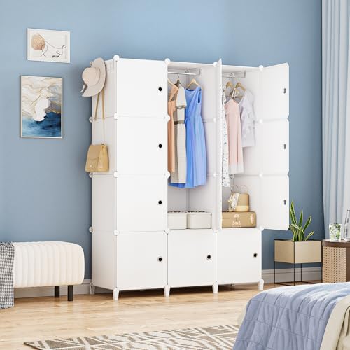 HOMIDEC Armario Modular, Guardarropa portátil de 12 Compartimentos para Dormitorio, Armario con Barra para Colgar Ropa, Compartimentos más Profundos Aptos para Perchas