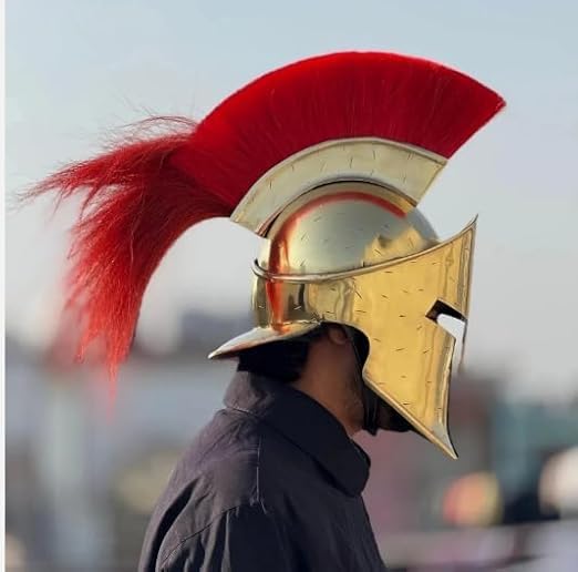 Helmet Gold Armour Helmet with Red Plume for Men Greek Soldier, Roman Gladiator & Medieval Knight Cosplay Fancy Dress & LARP Costume Accessory
