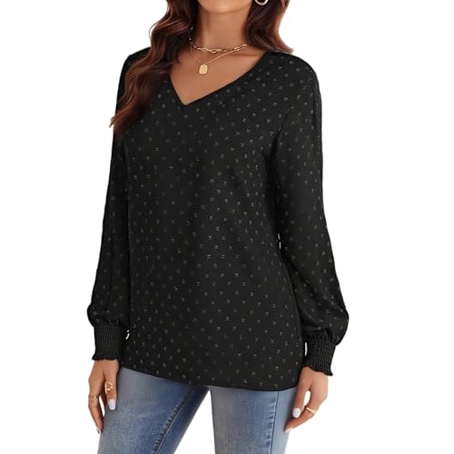 GAMISS Long Sleeve Top for Women Swiss Dot Shirt V Neck Knit Blouse Basic Shirt Black, S