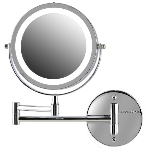 Image of OVENTE 7 inch Wall Mounted Lighted Makeup Mirror, Polished Chrome MFW70CH1X7X | Cordless Double Sided 1X /7X Magnifying Mirror for Bathroom with LED Lights, 360 Rotation, Extendable Arm, Battery Operated