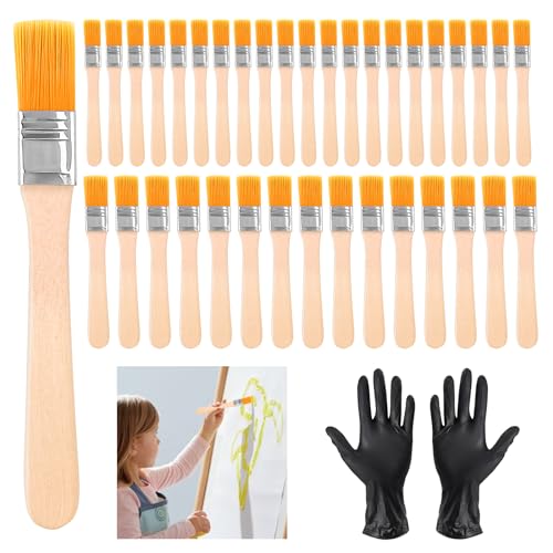 VEPEPE 50 Pieza Pequeño Brochas Pintura con 4 Guantes, 1.2 cm &1.5 cm Brochas Pintor Planos Anchos Kit, Anchos Pincel con Mango Madera Pequeño para Chalk Paint Muebles Arte Pintura Suministros DIY