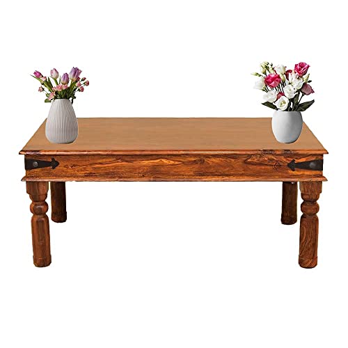 Image of Wooden Rectangle Center Coffee Table for Living Room | Sofa Centre Coffee Table for Home & Office | Sheesham Wood, Brown Finish