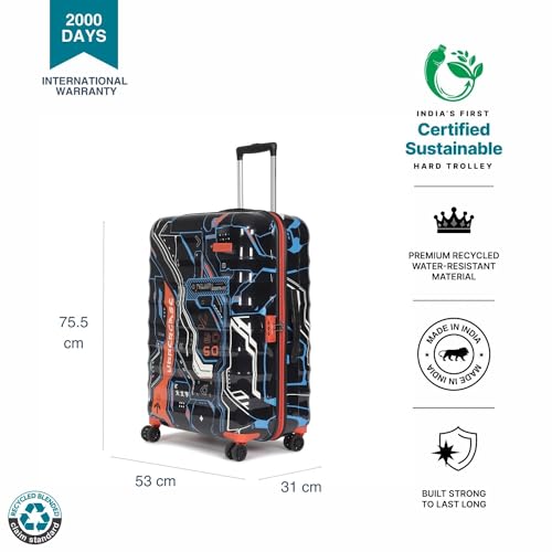 Image of uppercase Cyber Punk (Large) 76Cms|Check-In Inline Trolley Bag For Travel|Polycarbonate Hardshellsided Printed Luggage|Combination Lock|8 Wheel Trolley Bag|Suitcase For Unisex|(Black),H-75.5 cms