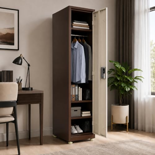 Image of Amazon Brand - Solimo Single Door Steel Locker Cabinet with 4 Shelves & Hanging Rod | Lockable Metal Storage Cupboard for Home, Office, Gym, School & Factory | Powder Coated, Brown
