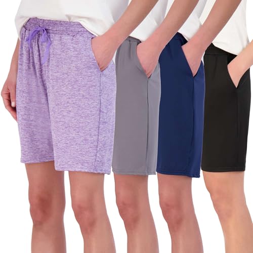 Real Essentials Womens Dry Fit 7 Inch Inseam Athletic Casual Lounge Fitness Gym Training Long Shorts High Waisted Running Bermuda Short Pockets Ladies Workout Bottoms Active, Set 2, L, Pack of 4