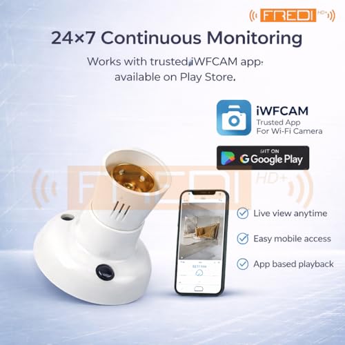 Image of FREDI HD PLUS WiFi Bulb Holder Camera 1080P, Indoor Security Camera with V720 App, Wide Angle View, Live Streaming on Mobile & Laptop, AC 220V Powered, Supports 128GB SD Card