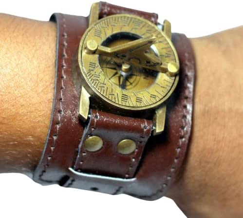 Nautical Sundial Watch 2 Inch Handmade Brass Compass Sundial Wrist Watch - Antique Style Steampunk Wrist Brass Compass Sundial Watch with Leather Strap Sundial Gift