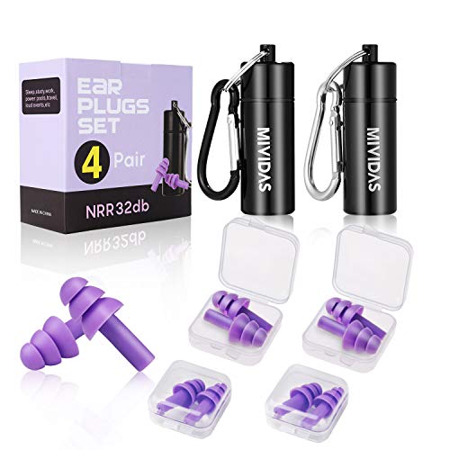 4 Pair Reusable Sleeping Silicone Ear Plugs - Mividas Waterproof Noise Reduction Earplugs for Sleeping, Swimming, Snoring, Concerts, 32dB Highest NRR (Ear Plugs Come in Premium Gift Box Packaging)