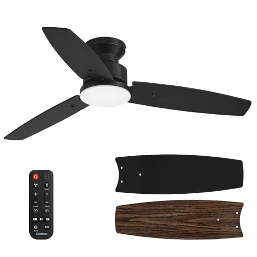 Conciseer Modern 42 Inch Ceiling Fans with Lights and Remote, Bedroom Living Room Office, Flush Mount, 18W 3CCT Dimmable, Dual Color 3 Blades 6 Speed Reversible Quiet DC Motor, Black/Wood Grain