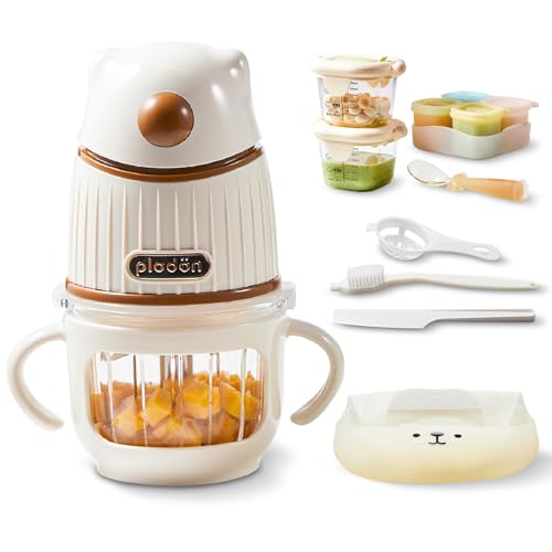 PLODON Baby Food Maker-Food Processor, Fruits, Vegetables, Meats, Potatoes, Avocados, Gift Package with A feeding spoon, A bib, A set of 4 separate food ice cube trays, and Two 200ml food storage
