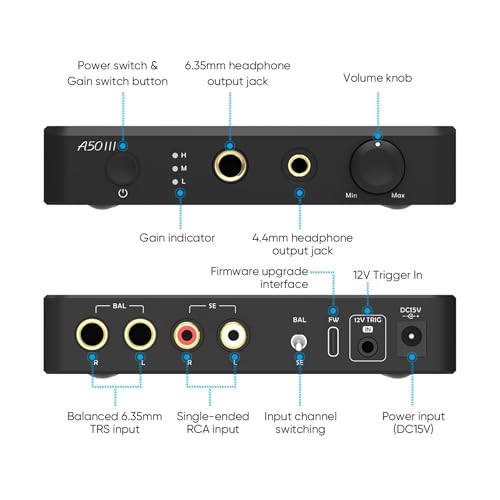 Image of Topping A50 III NFCA Headphone Amplifier, 3500mW x 3500mW Home Audio Headphone Amp, RCA /TRS to 4.4mm /6.35mm Earphone Output with 3 Gain Settings 12V Trigger for IEM, Silver