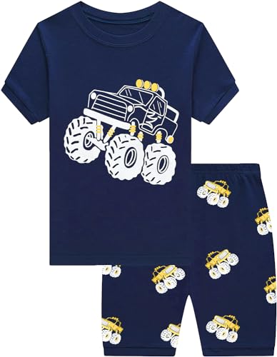 CM-Kid Pyjama Set Jungen Kurz Kinder Schlafanzug Sommer Nachtwäsche 3 4 Jahre Fluoreszenz Truck Dunkelblau Gr.104