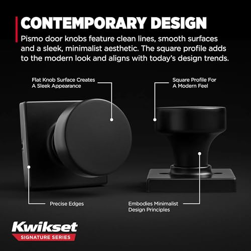 Image of Kwikset Pismo Interior Square Passage Door Knob, Handle for Closet and Hallway Doors, Non-Locking Doorknob, Matte Black