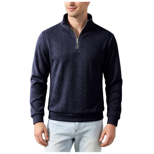 Men's Quarter Zip Pullover, Fall Winter Loose Fit Stand Collar Sweatshirt, Soft Warm Casual Top for Daily Outdoor Wear Navy