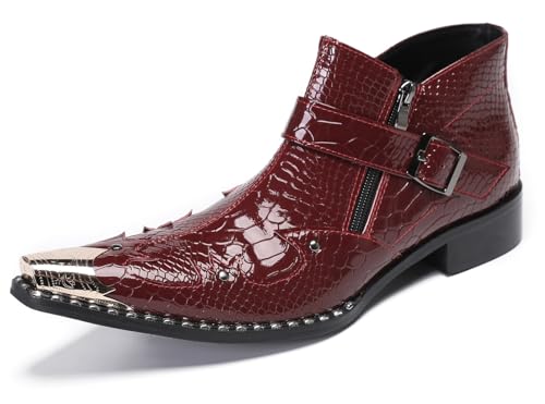 Santimon Mens Ankle Chelsea Boots Casual Dress Rock Party Western Snakeskin Texture Chukka Boots Metal Wingtip Leather Double Zipper Singer Cowboy Boots for Men Boy