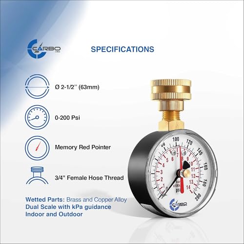 CARBO Instruments 2-1/2" Water Pressure Test Gauge, 0-200 PSI, Red Max Pointer, 3/4" Female Hose Thread, Rust-Free Corrosion-Resistant Case, Brass Connector, for Home, Garden, RV, Indoor/Outdoor