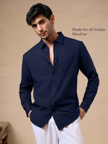 Image of The Souled Store Bold Black Men and Boys Long Sleeve Collared Neck Buttoned Front Regular Fit Cotton Linen Shirts