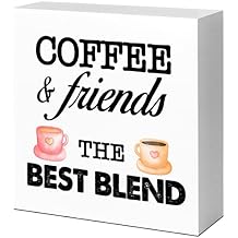 LVQHI Funny Coffee Cup Wood Block Sign,Coffee and Friends The Best Blend Sign for Kitchen Cafe Desk Table Decor 5"x5"x1" In