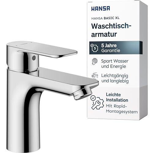 HANSA BASIC XL Waschtischarmatur I Einhebelmischer Waschbecken mit Temperatur & Mengenbegrenzer | XL für mittelgroße bis große Bäder | Mischbatterie Bad aus Messing | Wasserhahn Badezimmer | Chrom