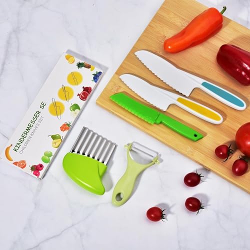 Kindermesser 5-teiliges Kinder Sicherheit Küchenmesser Set zum Schneiden Kochen von Obst oder Gemüse inklusive Kochmesser Obstmesser Schäler Geschenke für Kleinkinder Geburtstag Weinachten