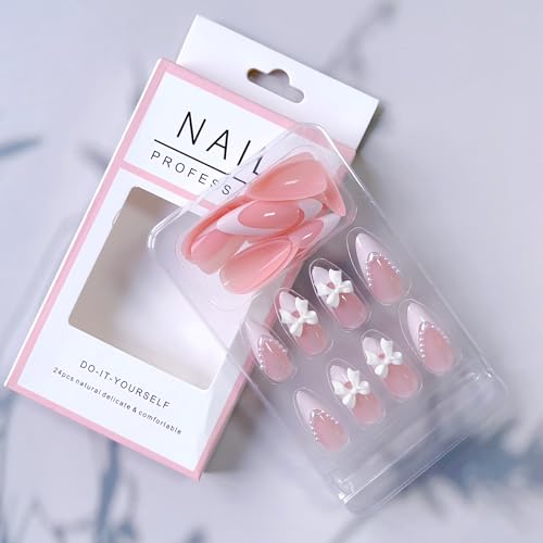 Generic White French Tip Press On Nails Almond Medium Pink False Nails With White 3D Butterfly Pearl Decorations Nude Glossy Bow Fake Nails Pearl Nail Tips Full Cover Stick On Nails For Women Girls 24Pcs thumb #5
