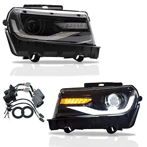 VLAND Headlights Assembly Fit for Chevy Chevrolet Camaro 5th Gen 2014 2015 W/Dual Beam Lens DRL, LED Front light with Sequential Turn Signal, Plug-n-Play Headlamp