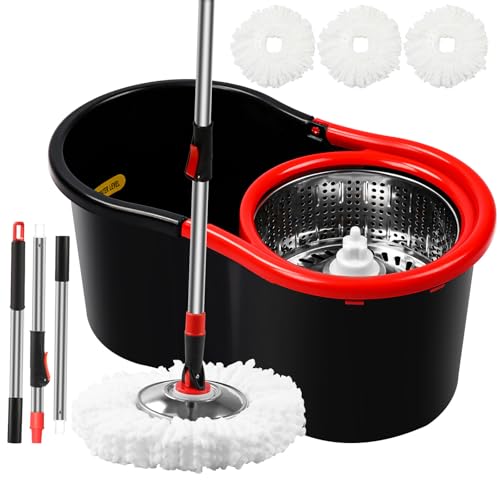 Spin Mop and Bucket with Wringer Set,360&deg; Mop and Bucket System with 3 Microfiber Mop Refills and...