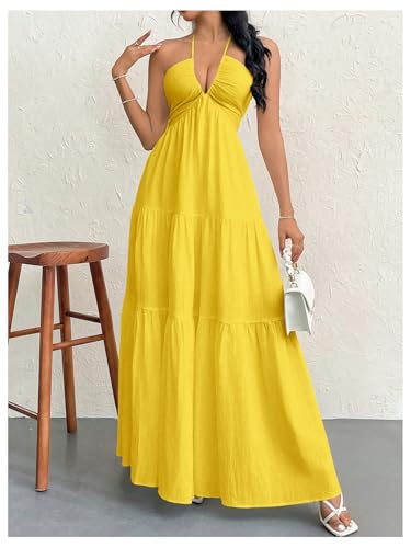 Image of SHENHE Women's Deep V Neck Tie Knot Backless Halter Dress A Line Flowy Ruffle Maxi Dress