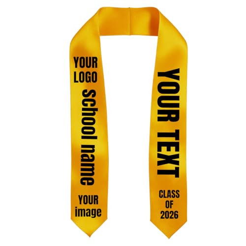 Image of Oakazer Customized First Graduation Stole Personalized Text Flag Grad Sash Class of 2026 Unisex Honor Stoles Gold