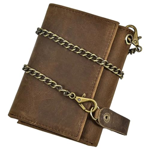 Genuine Leather Trifold Wallet With Metal Chain for Men, Crazy Horse Leather RFID Blocking Card Holder with ID Window (Brown & Chain)