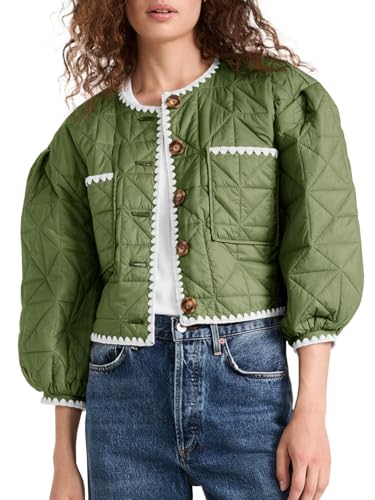 Tankaneo Womens Cropped Quilted Jacket Winter Lightweight Puff 3/4 Sleeve Button Down Contrast Trim Coat