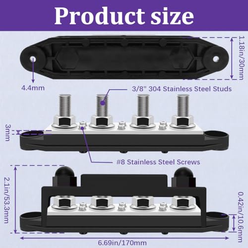 250A 12V Bus Bar Marine Power Distribution Block with Cover with 4 x 3/8”Post 6 x #8 Screws Terminals,Battery Bus Bar (Pair,Red & Black),Automotive Busbars 12 Volt for Car Boat Solar Wiring