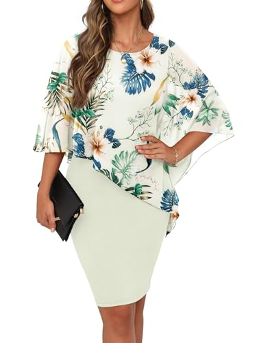 QIXING Damen Chiffon Cape Cocktialkleid Rundhals Ausschnitt Bleistiftkleid Sommerkleid Damen Knielang Elegant Abendkleid Mit Overlay Casual Bodycon...