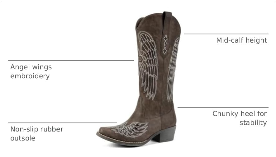 Image of Women's Western Cowboy Boots - Black Gothic Cross & Angel Wing Embroidered Mid Calf Boots, Y2K Vintage Pointed Toe Biker Cowgirl Boots for Concert Festival