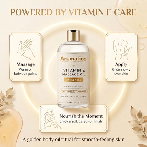 Image of AROMATICO Vitamin E Massage Oil 30,000 IU Unscented - Carrier Oil for Massage with Pure & Natural Alpha-D-Tocopherol, Almond & Jojoba for Deep Nourishment & Stretch Marks | 300ml