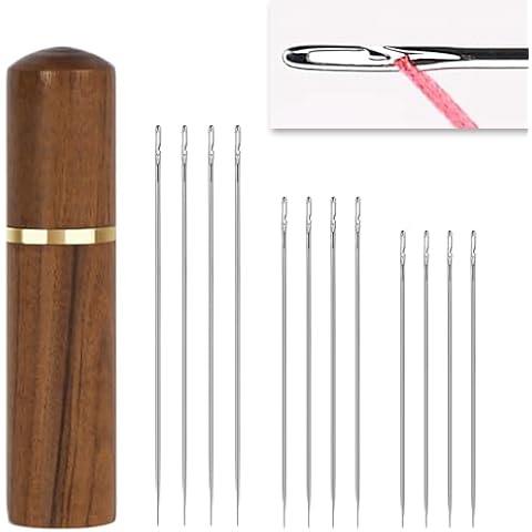 YAWALL Sewing Needles, 12 Pieces Long Self Threading Needles for Hand Sewing, Easy Thread Needles for Hand Sewing with Wood Needle Case (Light Brown) Cover