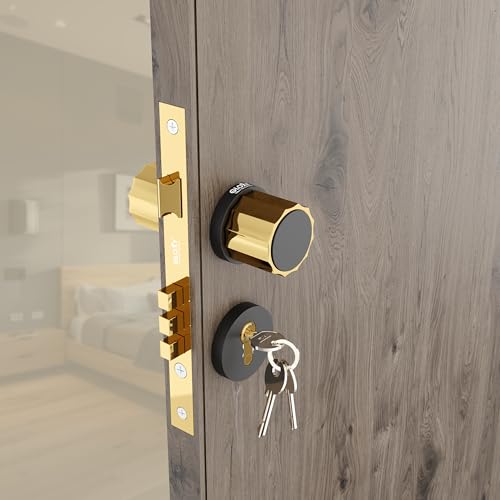 Image of GLOXY Zinc Knob Handle for Mortise Lock Pull Handle Left & Right Door Compatibility Door Lock with 3 Key Lock Body & Cylinder for Home|Gold & Black Finish (2 Years Warranty, Pack of 1)