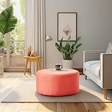 BELLEZE Modern 24 Inch Ottoman, Upholstered Fabric Footstool, Round Pouf Accent Furniture for Living Room, Solid Colored Circle Footrest - Colby (Orange)