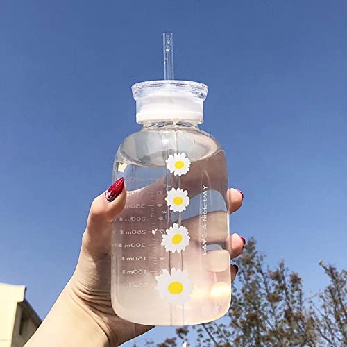 Glazen fles Leuke Melk Sap Cup Bloem Daisy Stro met Schaal Drinkflessen (B, Transparant) - Image 5