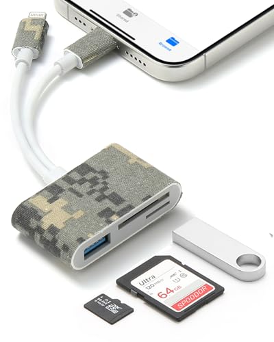 SD Card Reader for iPhone iPad, Dual Connector (Lightening&USB-C) SD Card Adapter, Trail & Game Camera Card Viewer Supports SD/TF Card MicroSD Card (Electronic Camouflage)