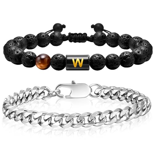 VNOX Bracelets Set Gifts for Men - 2 PCS Letter Initials Bracelets Natural Black Tiger Eye Stone Beads with Stainless Steel Chain Bracelet Christmas Birthday Jewelry Gift for Men Boyfriend D