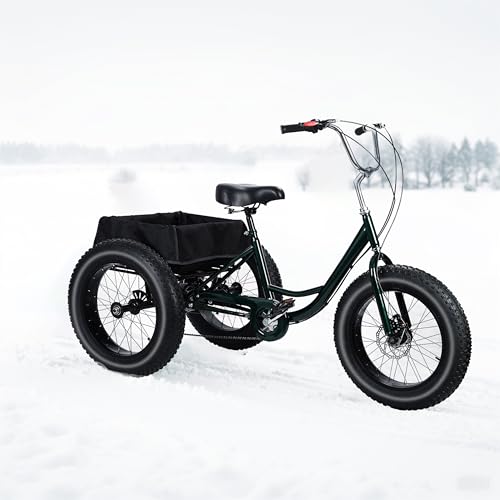 Masiunoz ,20 Inch Adult 3 Wheel Bicycle - 7 Speed Snow Tire Fat Tire Tricycle, Big Wheel Tricycle Adult,with Rear Cargo Basket, Adjustable Handlebars, Shock Absorbing Seat,Adult Tricycle