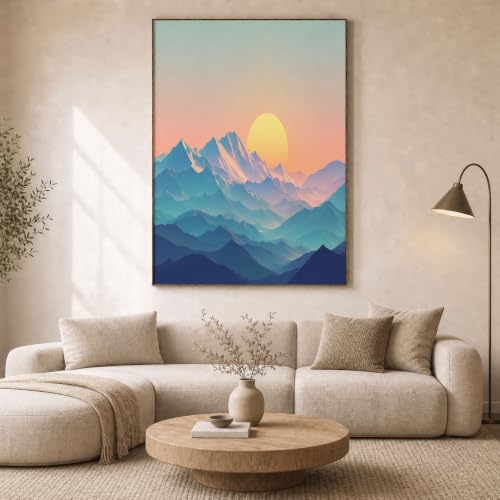 Tableau paysage montagnes cyan orange 70x100 cm sans cadre