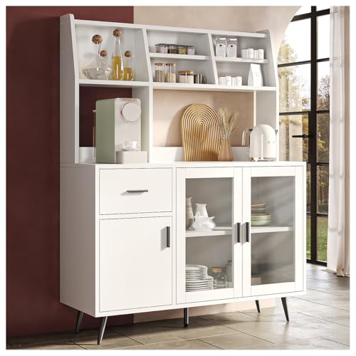 SIMPLE ESPACIO Alacena de Cocina con Puertas de Cristal Templado y Cajones de Madera Natural - Gabinete Multiusos (Bufetera/Armario), Diseño Compacto para Espacios Pequeños,...