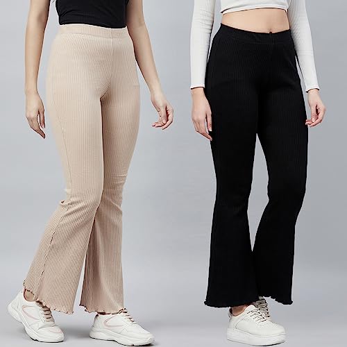 Image of BLINKIN Women's Stretch Fit Mid Rise Ribbed Stretchable Flared Pants | Boot Cut Bell Bottom Pants - Ideal for Yoga & Gym Wear,Casual Wear & Office Wear Trousers