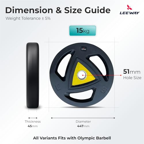 Image of LEEWAY Premium Rubber Coated Olympic Plates (15kg x 2) | 51mm Standard Hole Size | Anti-Scratch Odor-Free Tri-Grip Design | Olympic Barbell Compatible | Rust-Proof Home Gym Strength Training (15kg Pair)