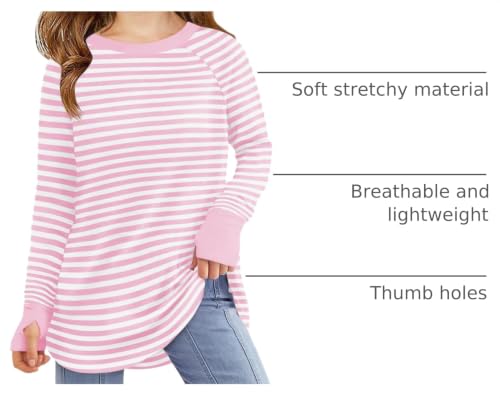 Image of Haloumoning Girls Striped Long Sleeve Shirts 5-14 Years | Thumb Hole, Crewneck, girls tops,Tunic Tops, Curved Hem Tees