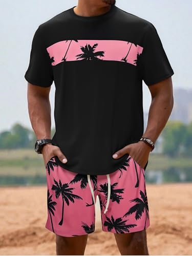 Mens Tropical Print Pocket T-shirt and Shorts Set Summer Beach Casual Wear4